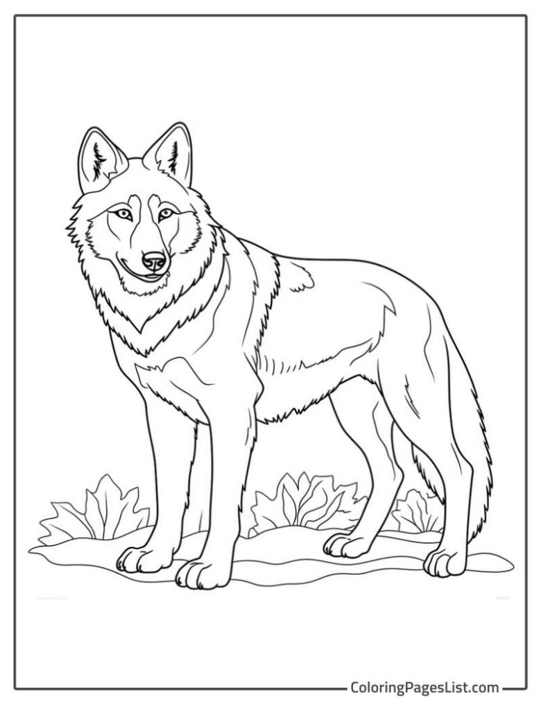 Simple Outline Of Standing Wolf On The Grass To Color In