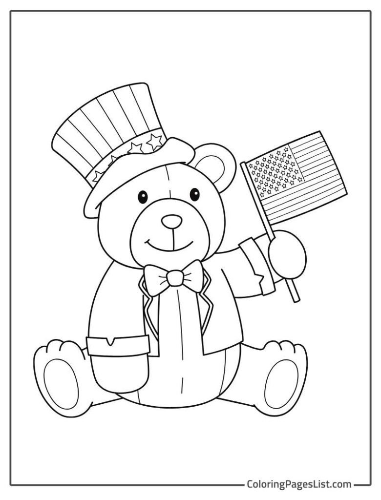 Simple Outline Of Teddy Holding A Flag