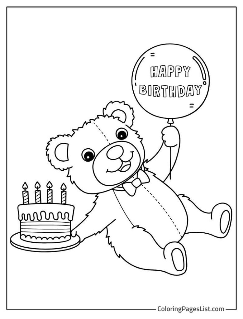 Simple Outline Of Teddy Holding Cake And Balloon