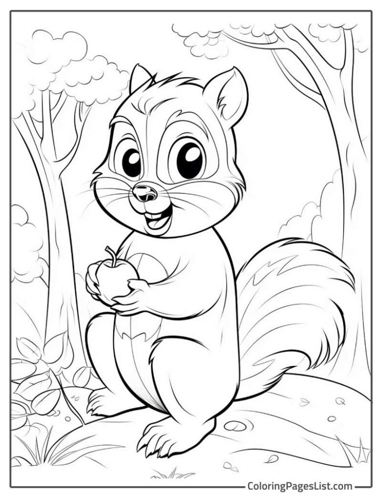 Squirrel Holding Apple And Smiling In The Jungle To Color