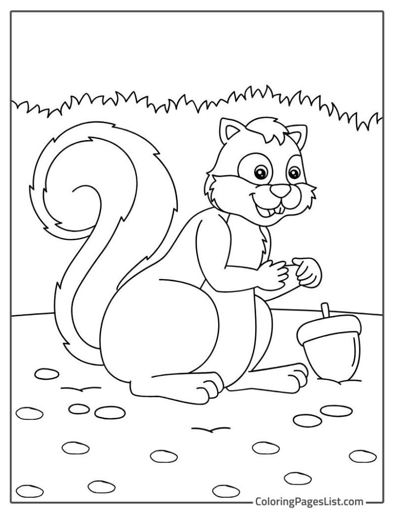 Squirrel Smiling And Looking At The Peanut Coloring Page