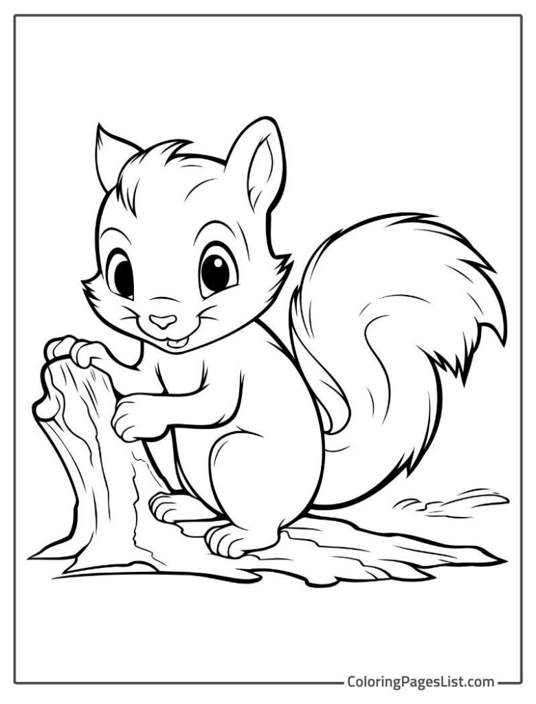 Squirrel Standing On The Cutted Tree Log Coloring Page