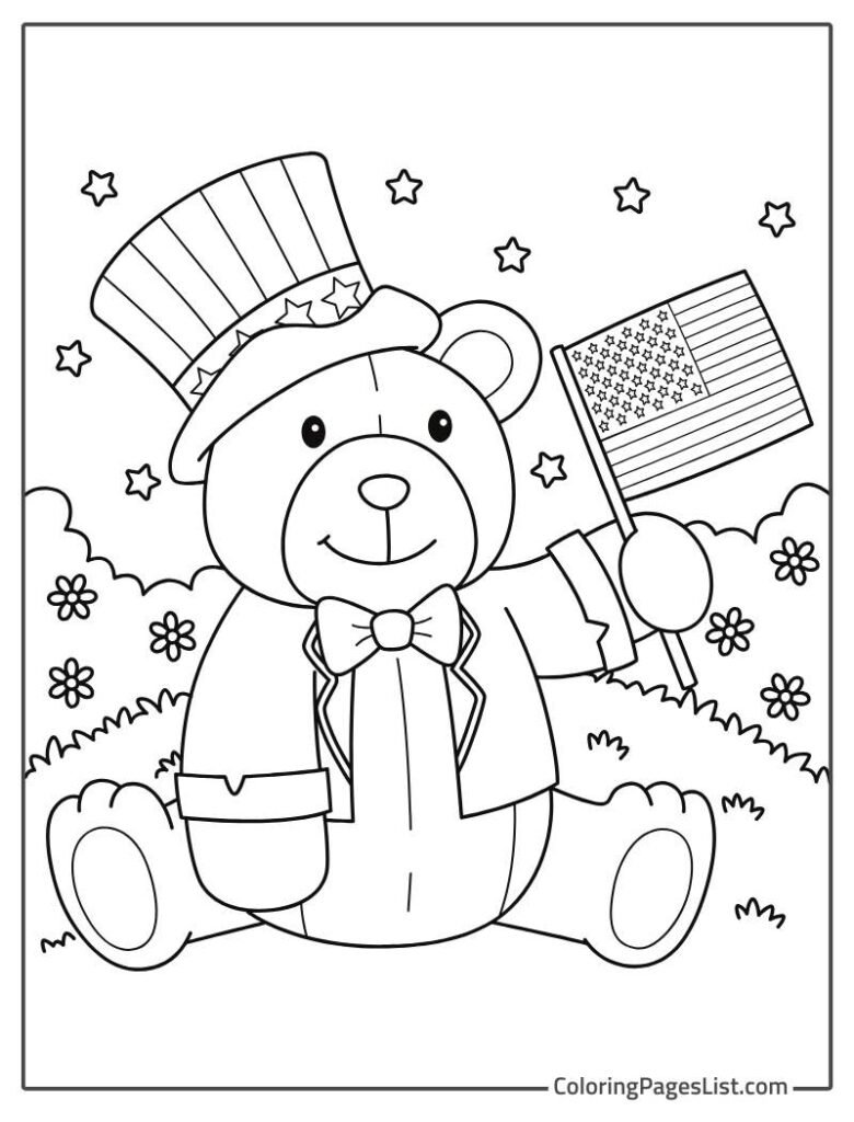 Teddy Bear Holding A Flag of America While Sitting In The Park Coloring Page