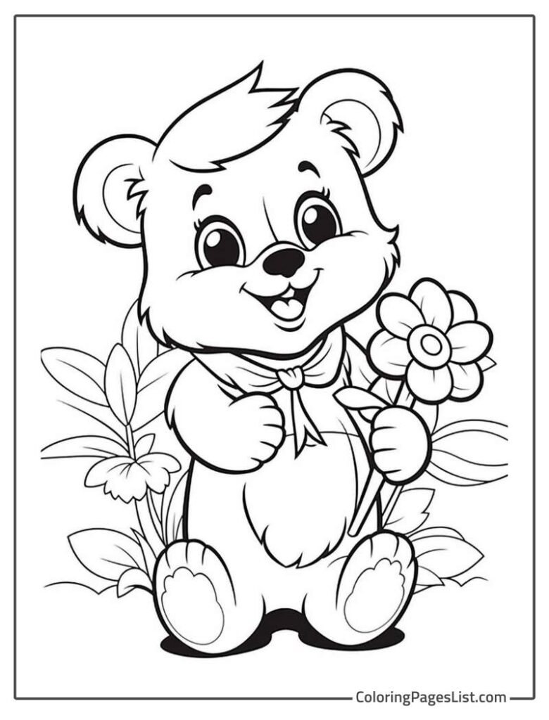 Teddy Holding A Flower Coloring Sheet For Kids