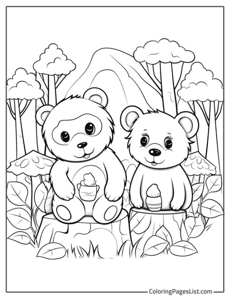 Two Bears Sitting On The Wood Log And Smiling To Color In