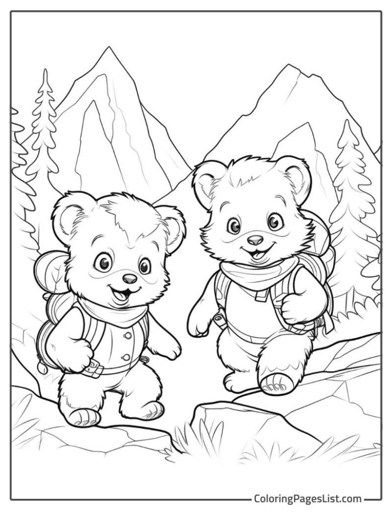 Two Bears Walking In The Mountains To Color In