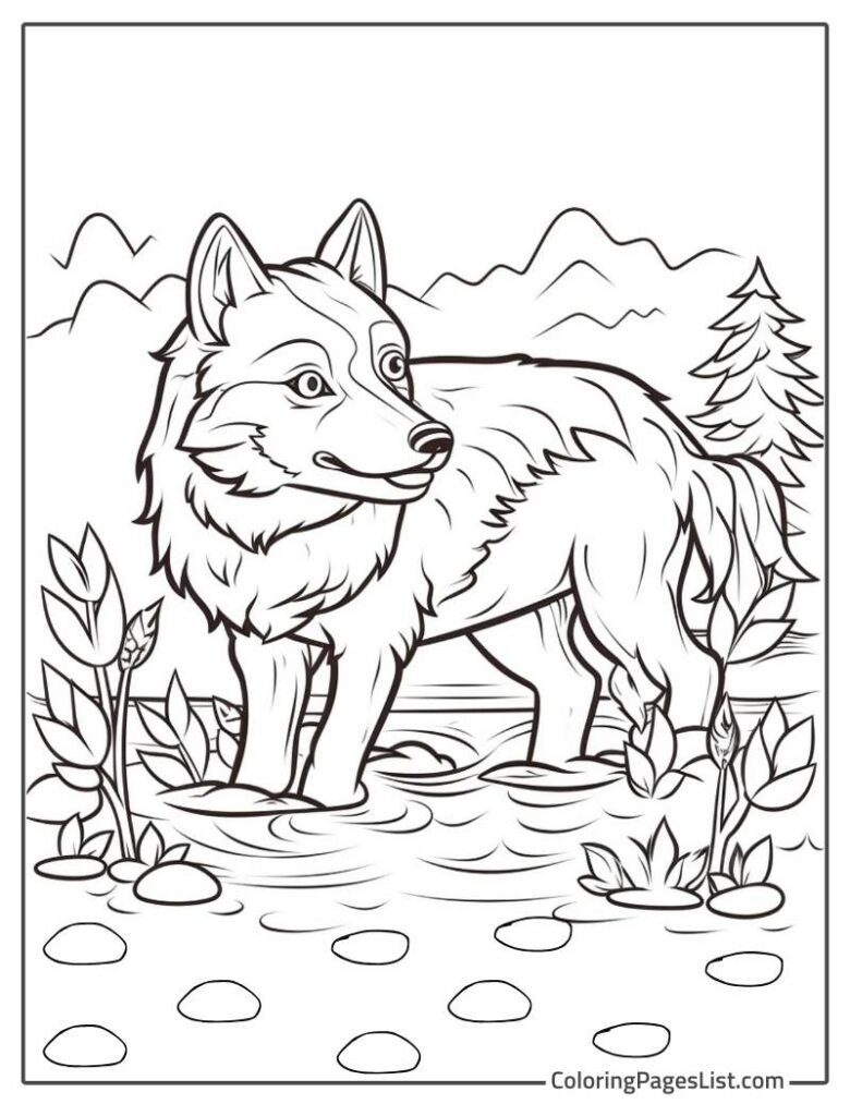 Wolf Enjoying In The Water Coloring Page