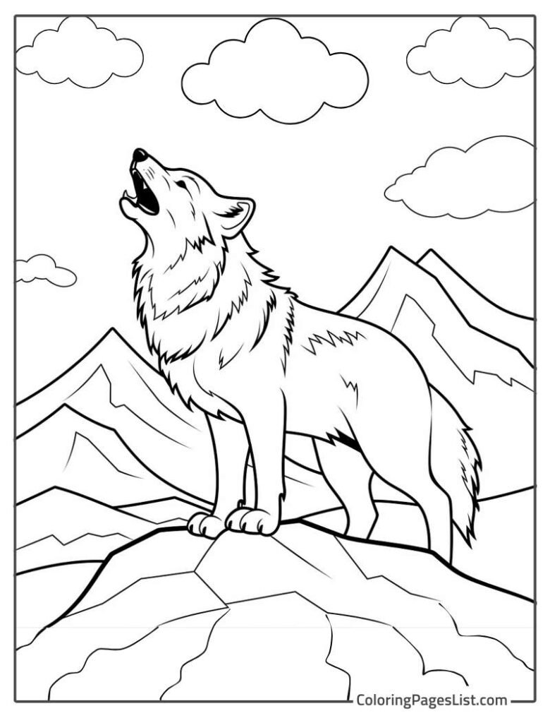 Wolf Roaring And Standing In Mountains To Color In