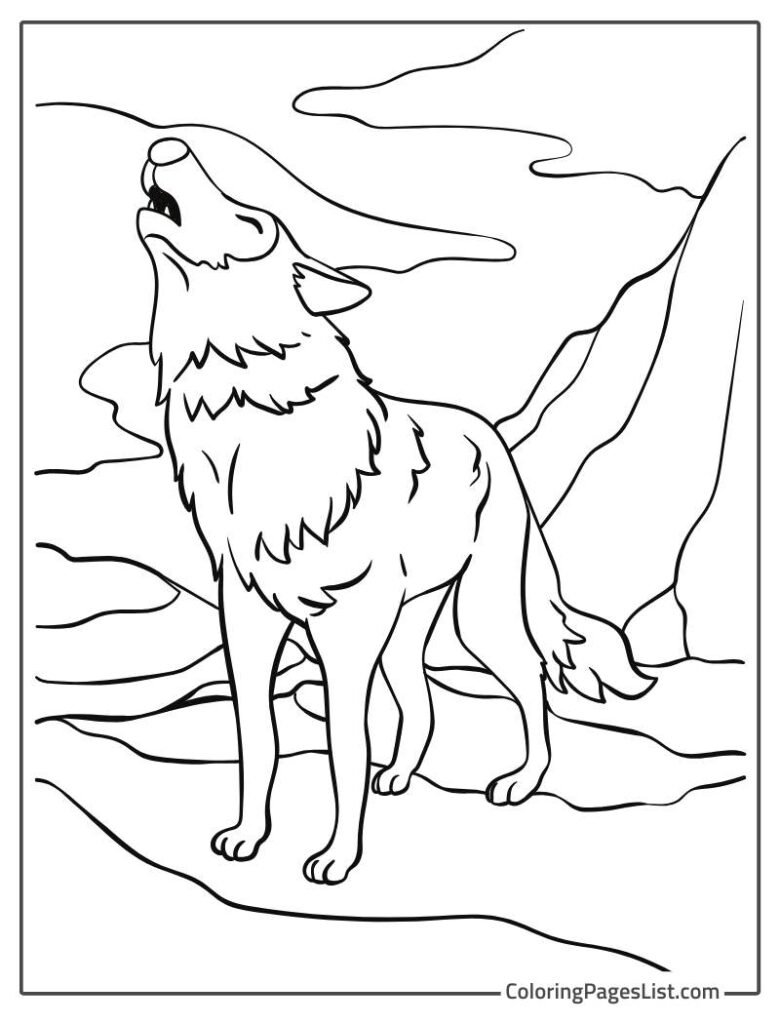 Wolf Roaring Near The Mountains Coloring Page