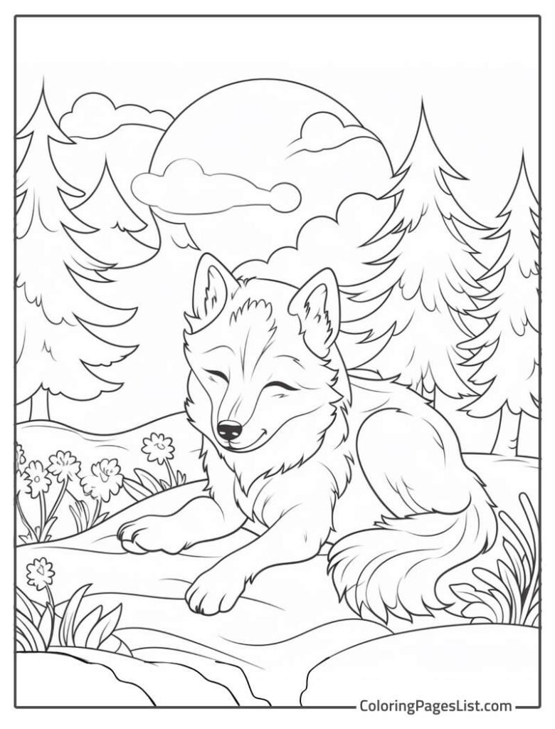 Wolf Sitting In The Garden With Flowers