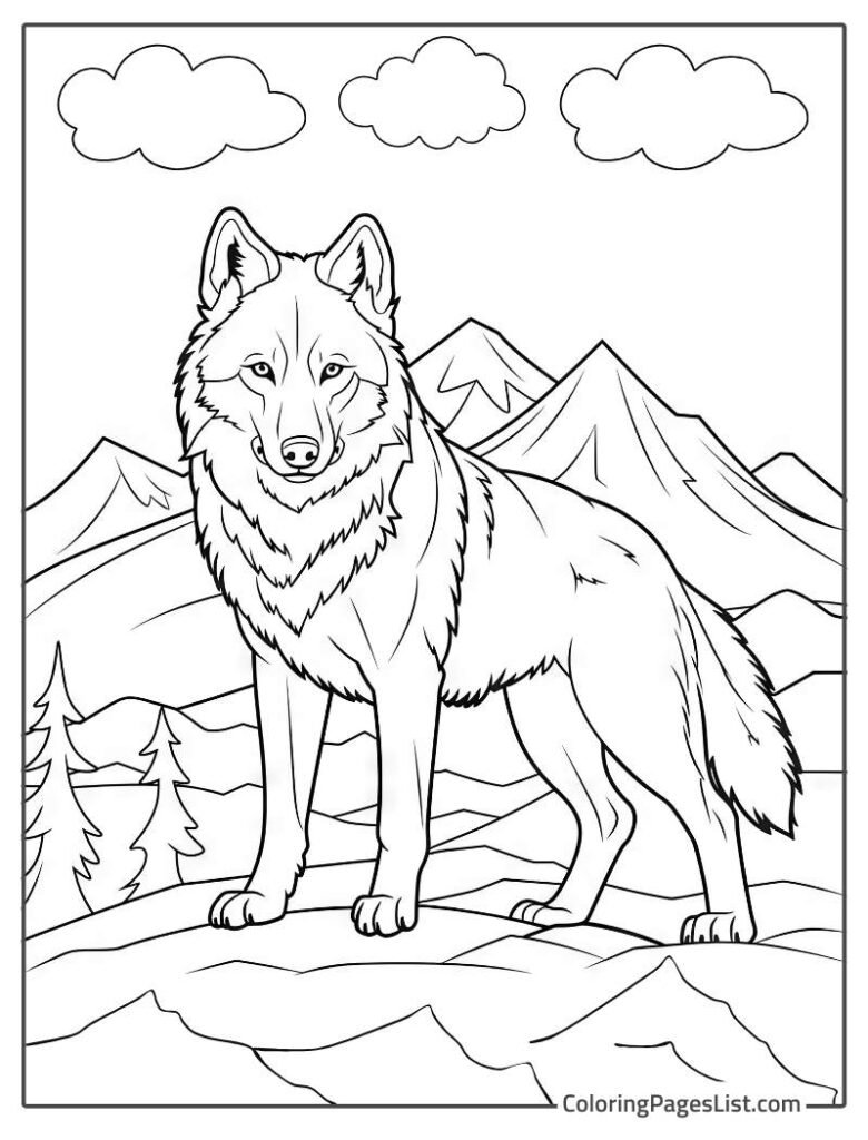 Wolf Standing On The Mountains Coloring Page