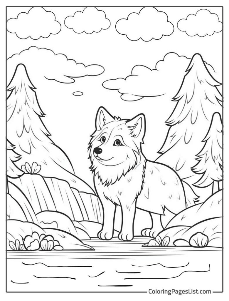 Wolf Walking In The Mountains And Trees Coloring Page