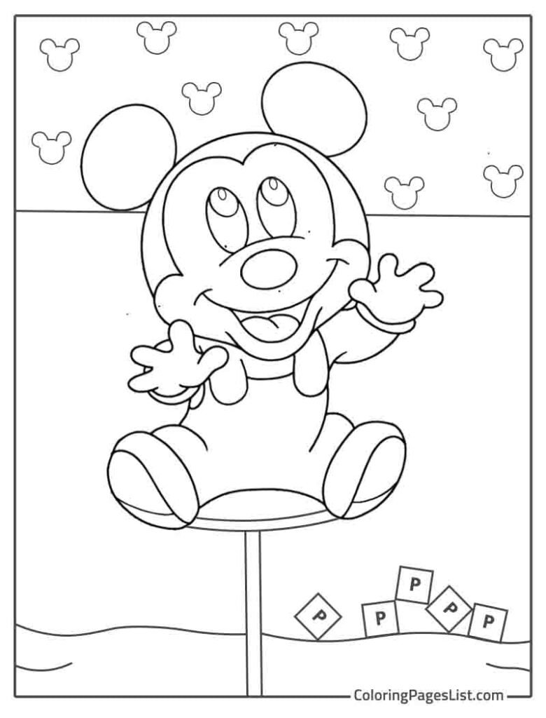 Cute Baby Mickey Mouse Sitting On The Table In The Room Coloring Page