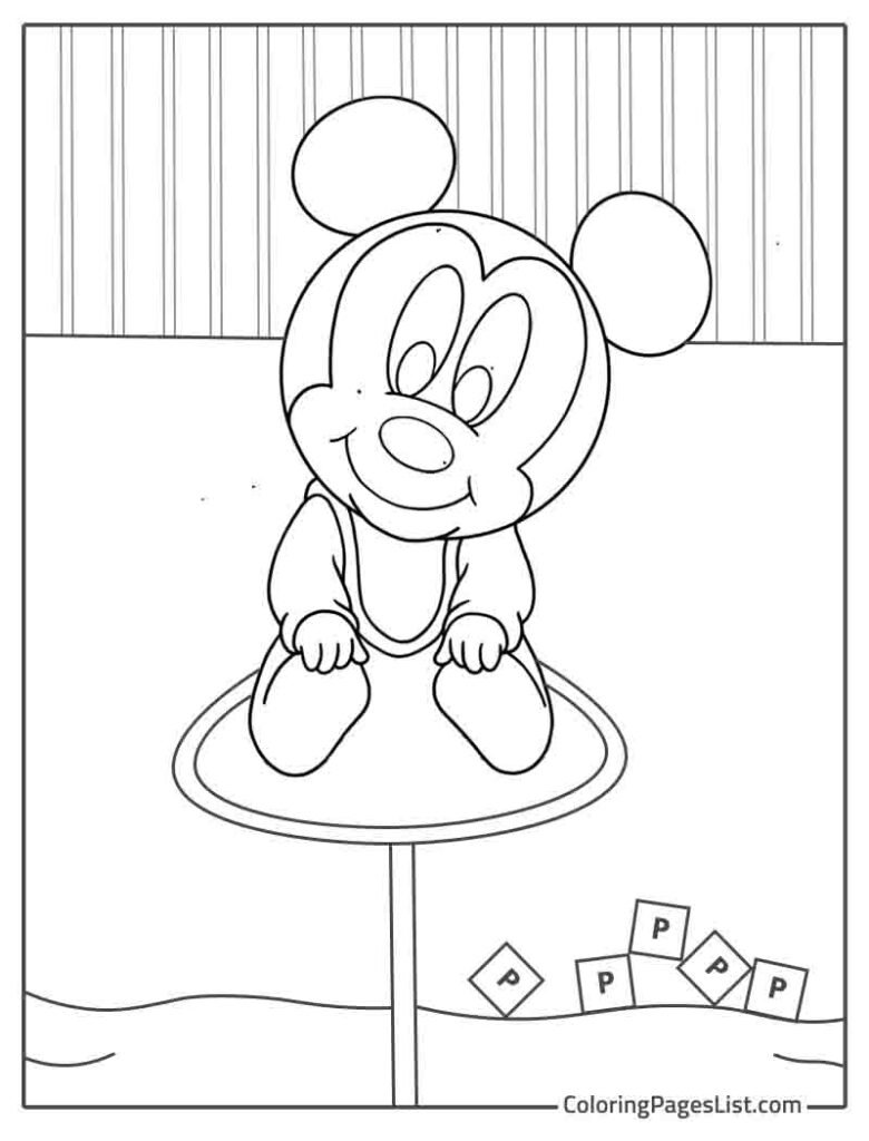 Cute Mickey Mouse Sitting On The Table Coloring Page