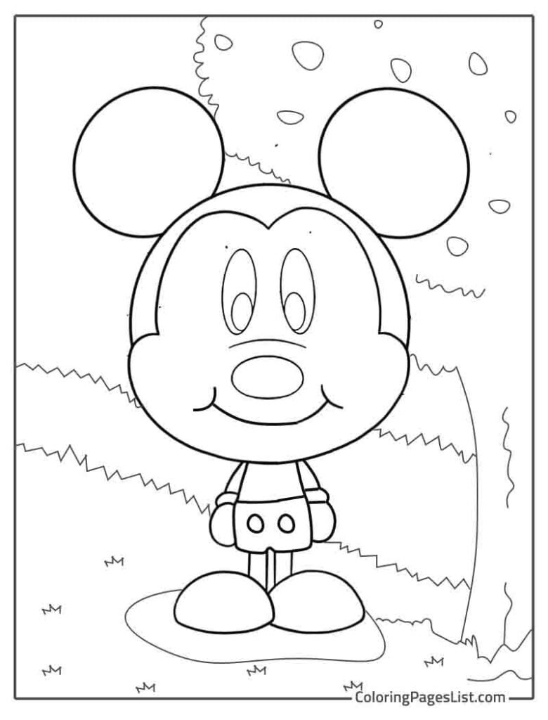 Kawaii Mickey Mouse Standing In The Garden Under The Shadow Of Tree Coloring Page