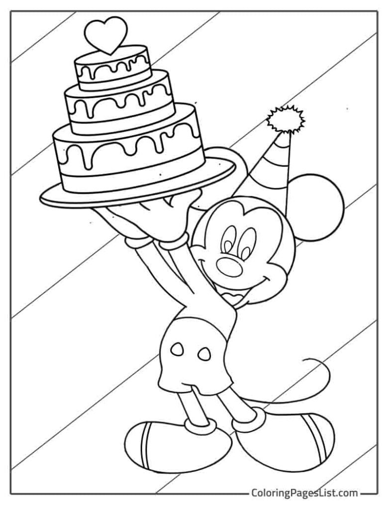 Mickey Mouse Holding Birthday Cake Coloring Page