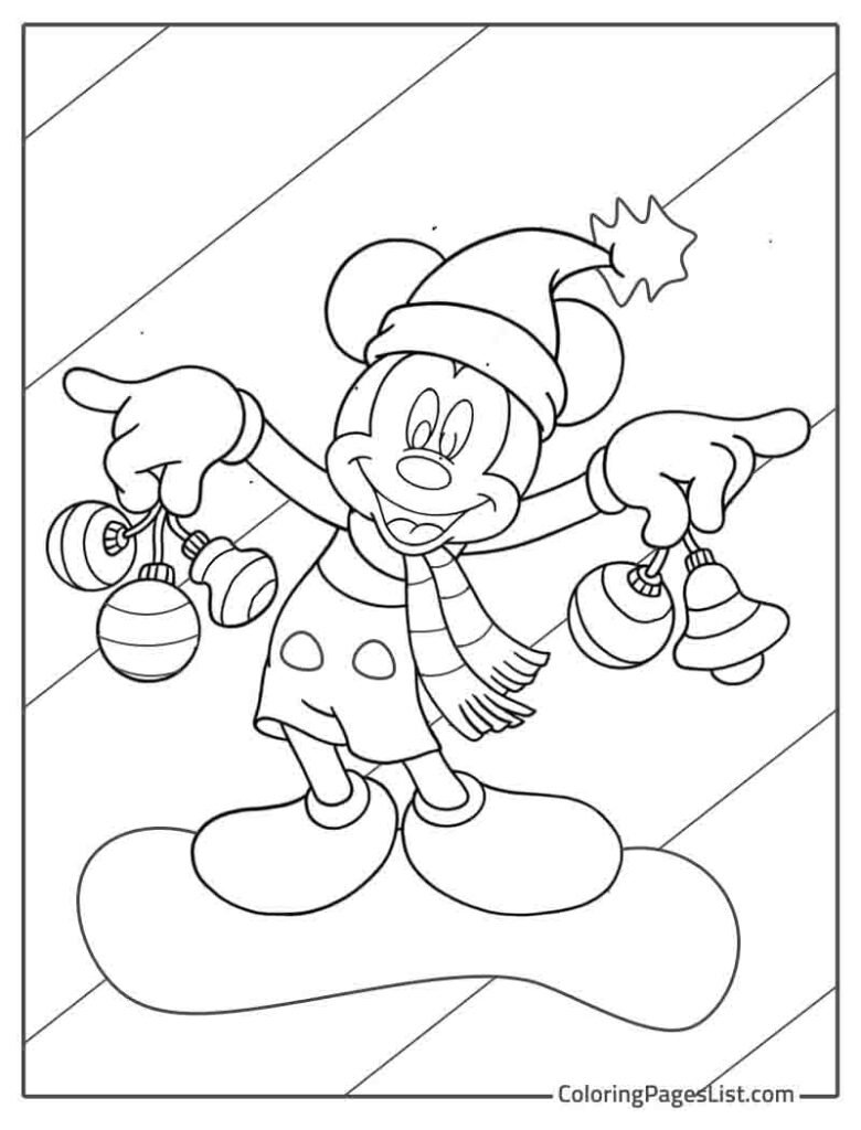 Mickey Mouse Holding Christmas Ornaments To Color