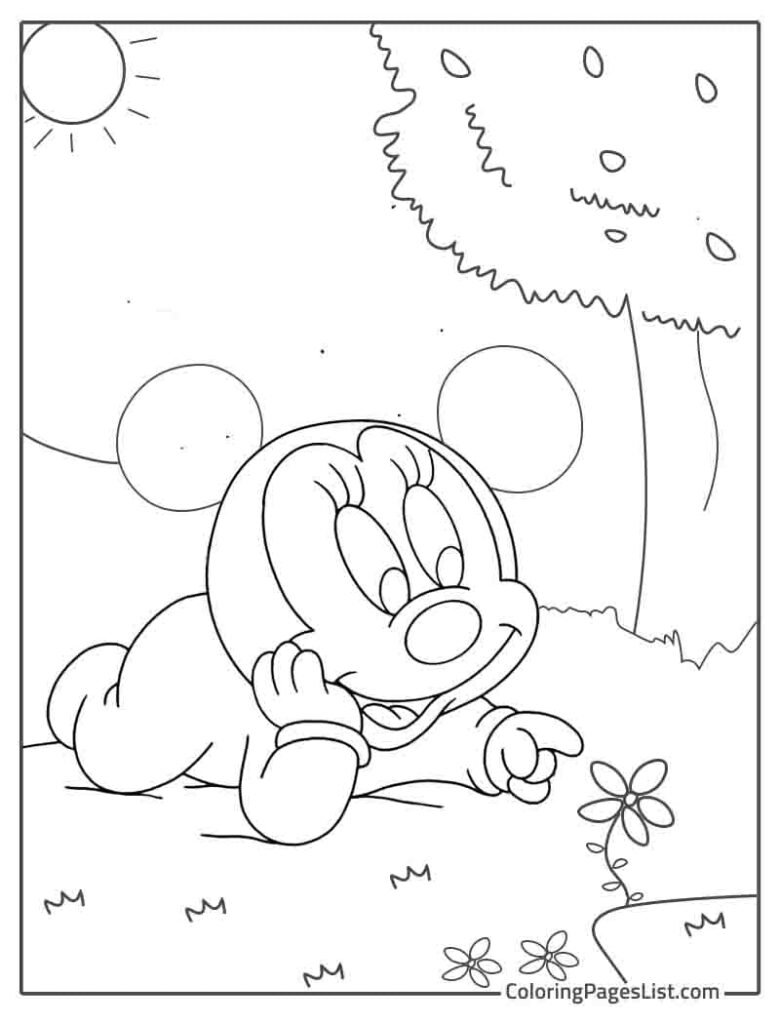 Mickey Mouse Laying In The Garden While Touching Flower Coloring Sheet