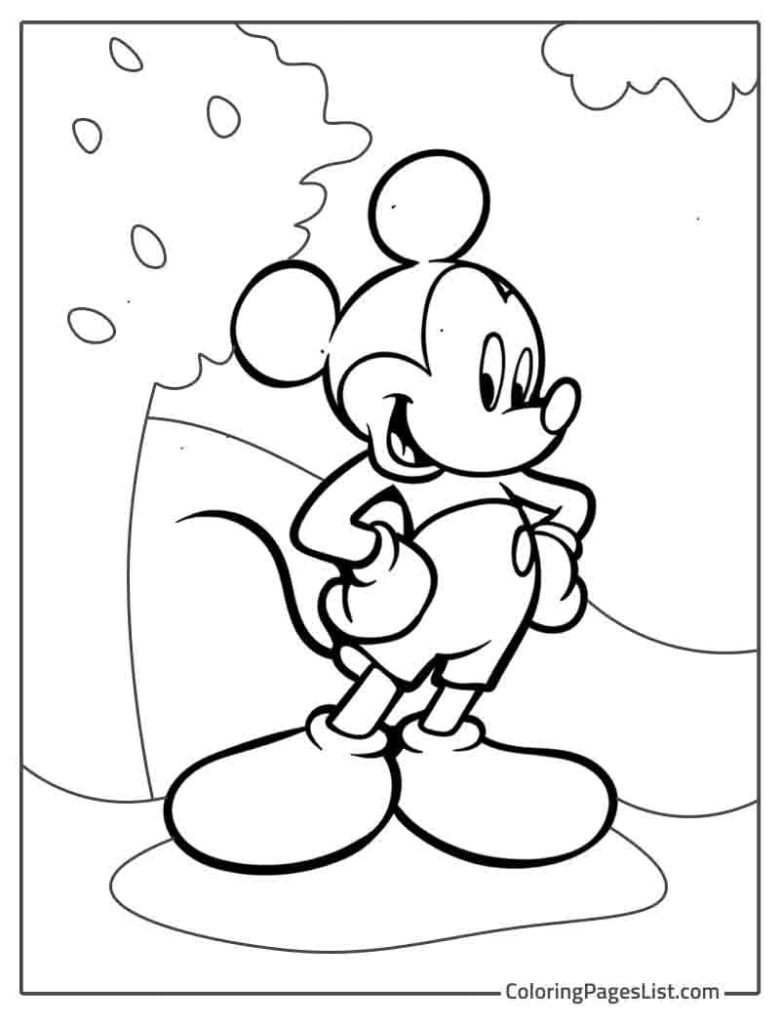 Mickey Mouse Smiling And Standing Near The Tree To Color