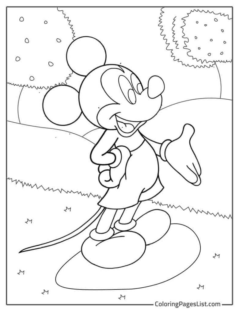 Mickey Mouse Walking In The Garden Coloring Page