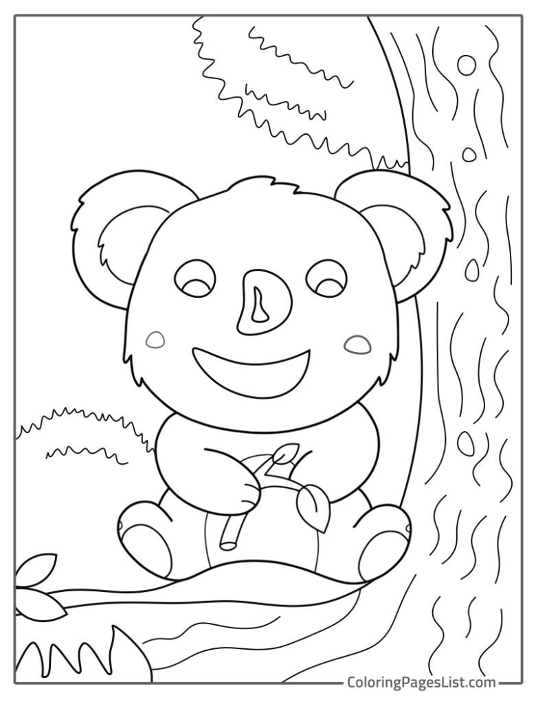 Baby Koala Smiling And Sitting Near The Tree Coloring Page