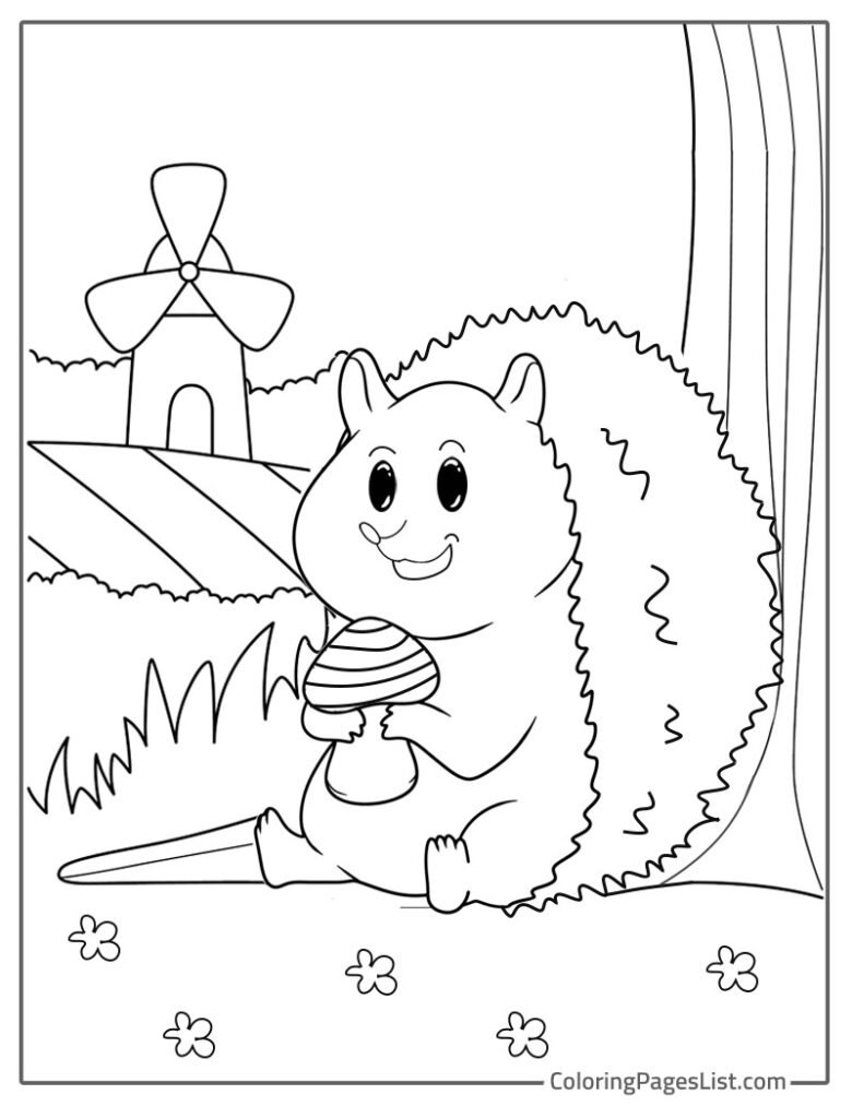 Cute Hedgehog Holding Mushroom Sitting Near The Tree Coloring Page