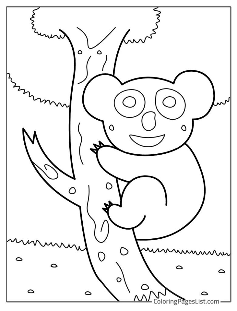 Cute Koala Smiling While Hug The Tree Coloring Page