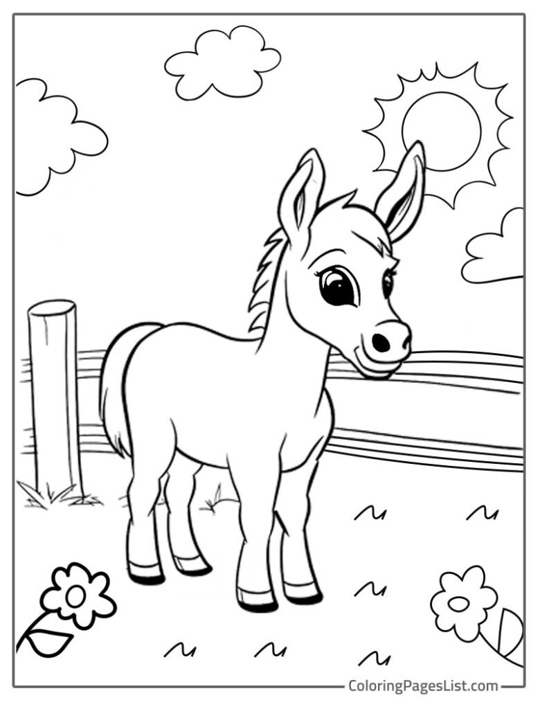 Donkey Looking At The Flower In The Farm Coloring Sheet