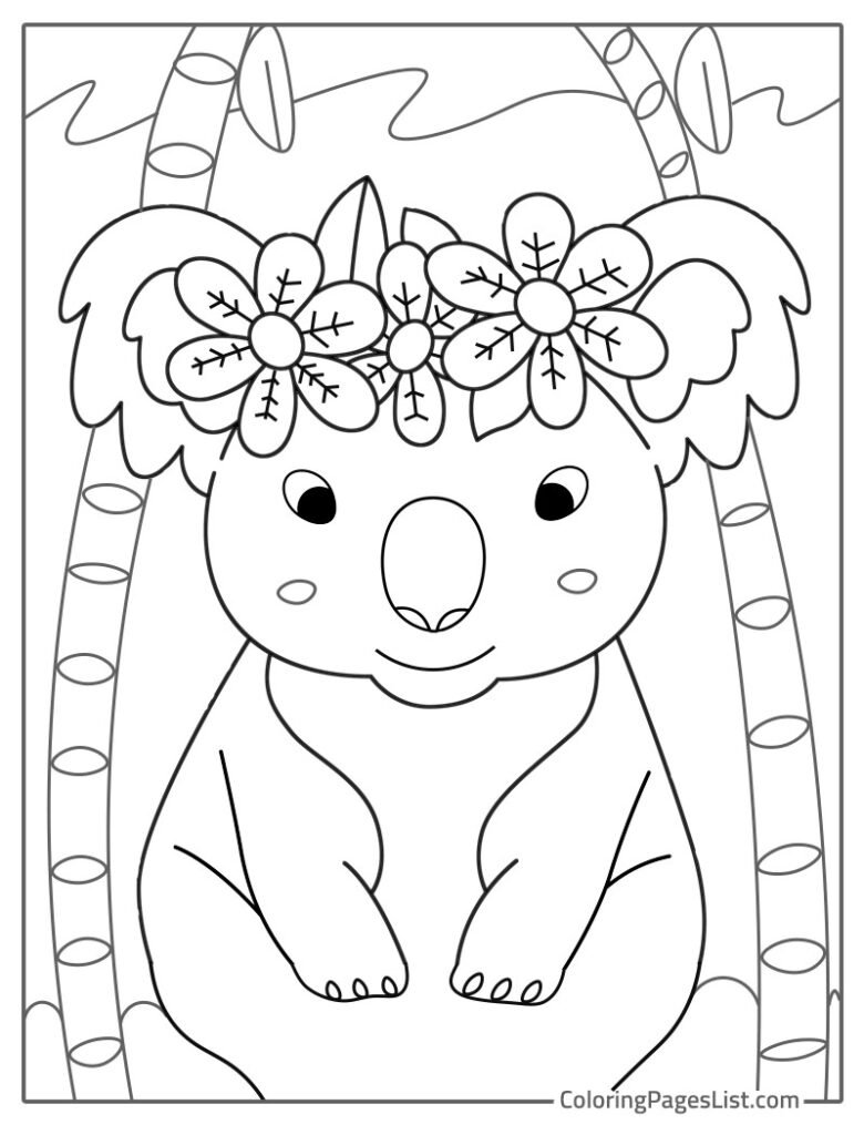 Female Beautiful Koala With Crown Of Flowers Coloring Page