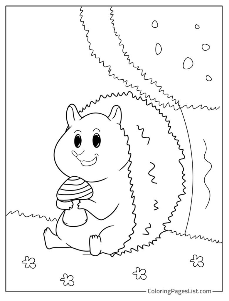 Hedgehog Holding Mushroom While Sitting Near The Tree Coloring Page