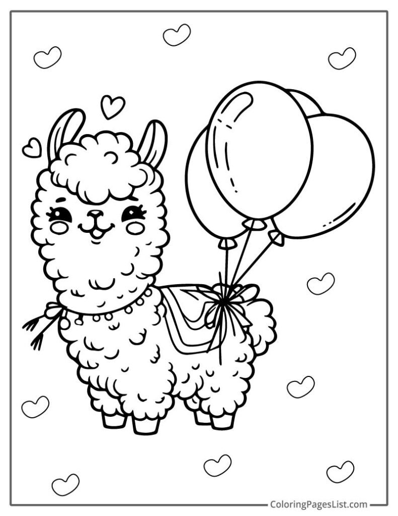 A Cheerful Llama Holding A Few Balloons On Its Back To Color