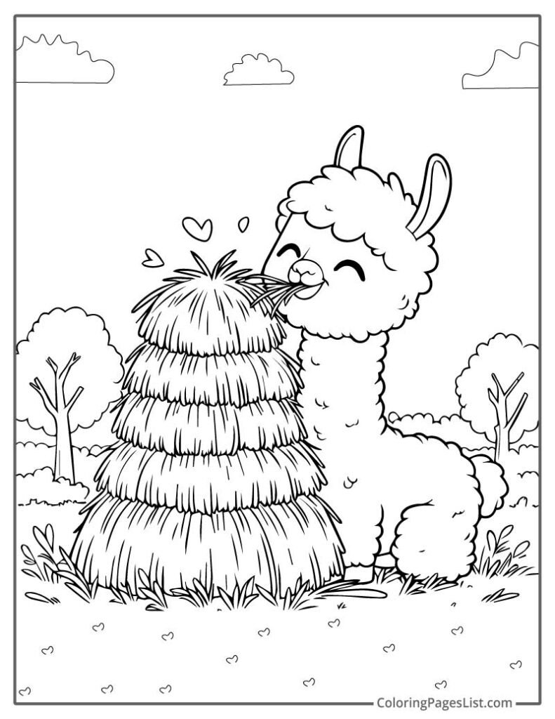 A Llama Happily Munching On A Pile Of Hay Coloring Sheet For Kids