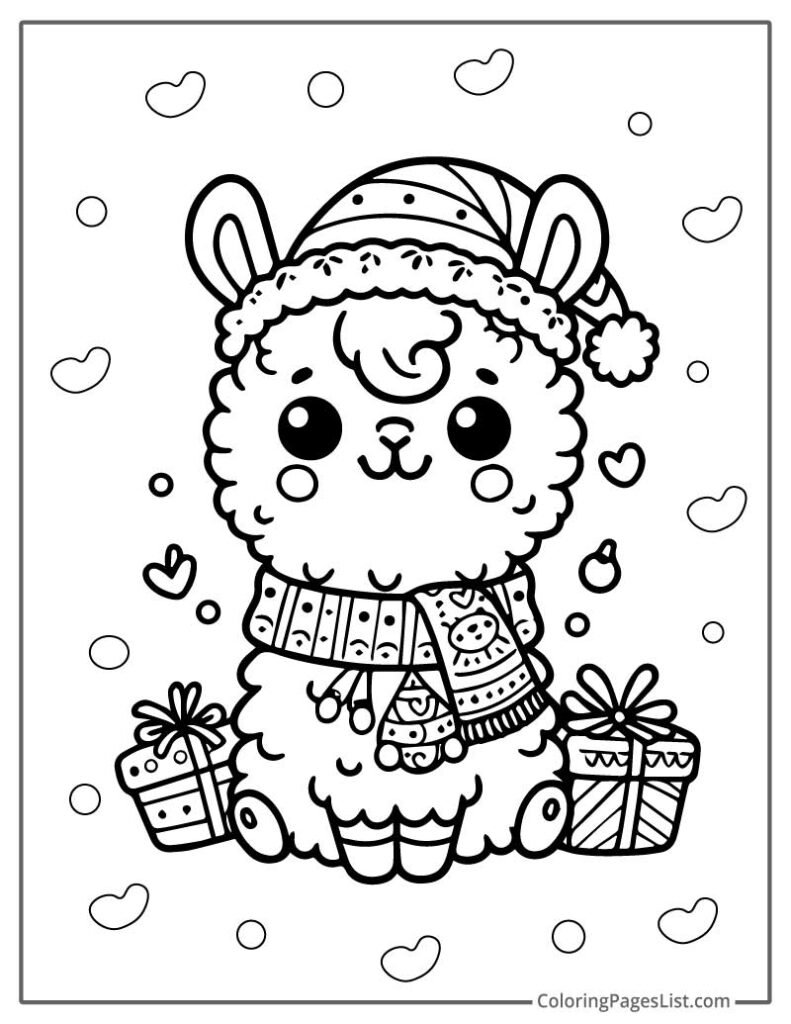 Adorable Christmas Themed Llama To Color