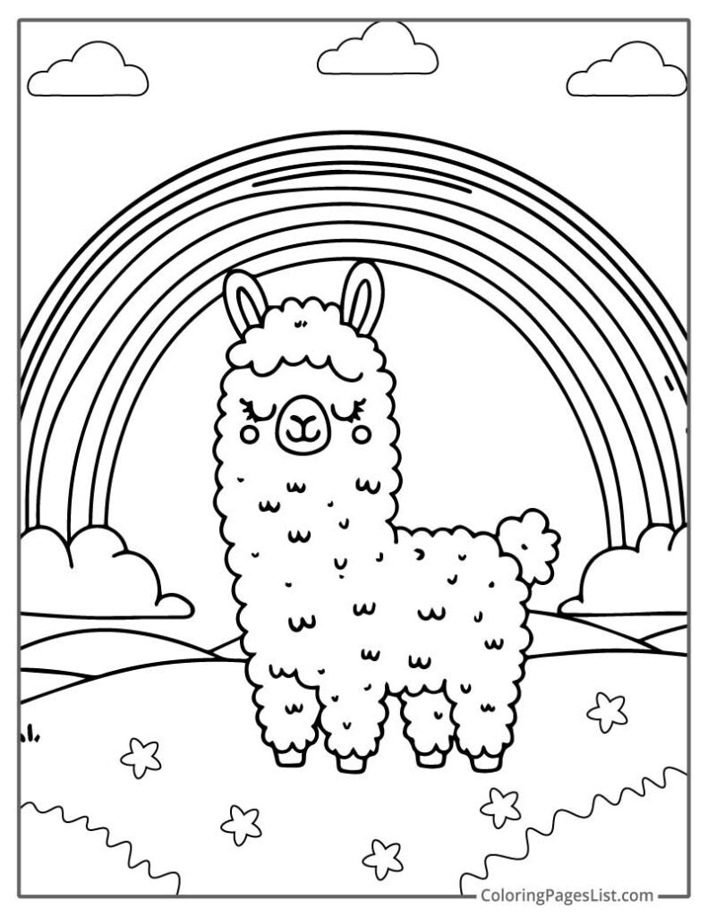 Adorable Rainbow Themed Llama For Coloring