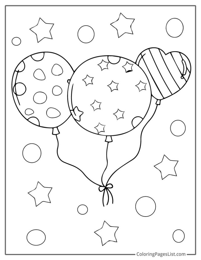 Coloring Page Of Three Heart And Circle Shape Balloons