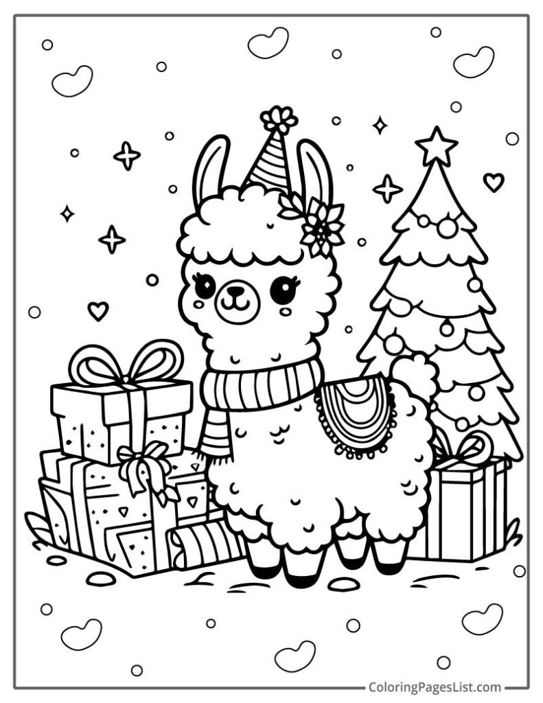 Cute Christmas Party Themed Llama Coloring Page