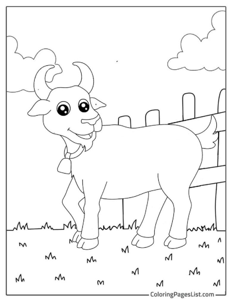 Cute Goat Standing And Smiling With The Bell In His Neck To Color