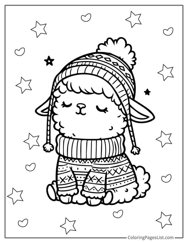 Cute Little Llama Wearing A Warm Dress Coloring Page