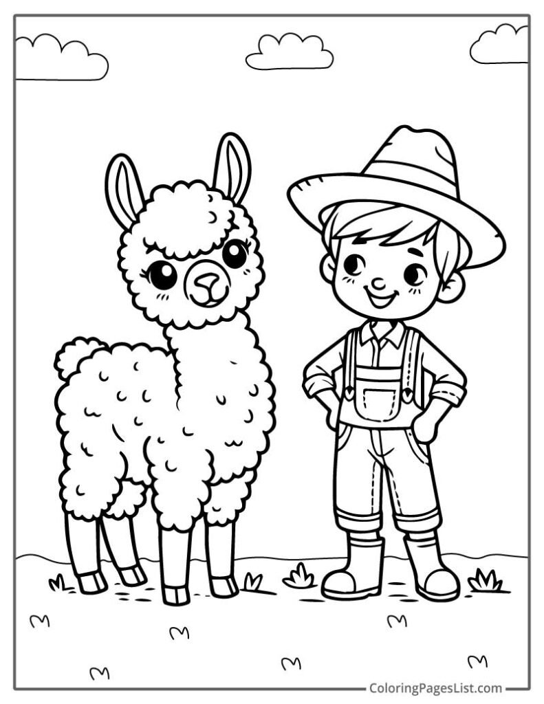 Cute Llama And Farmer Looking At Each Other To Color