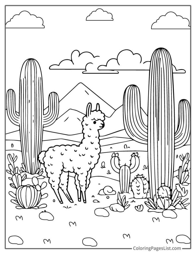 Cute Llama In The Desert By Standing In Front Of Cactus For Coloring