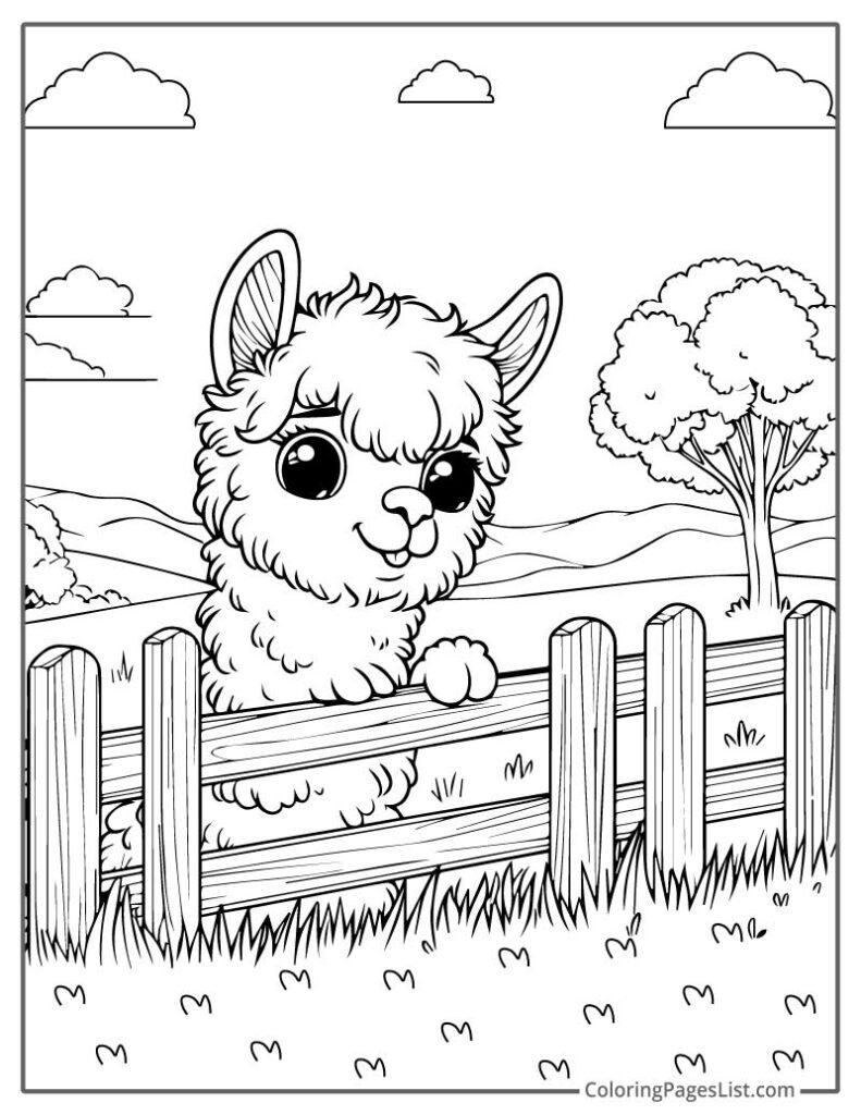 Cute Llama Peeking Over A Wooden Farm Fence