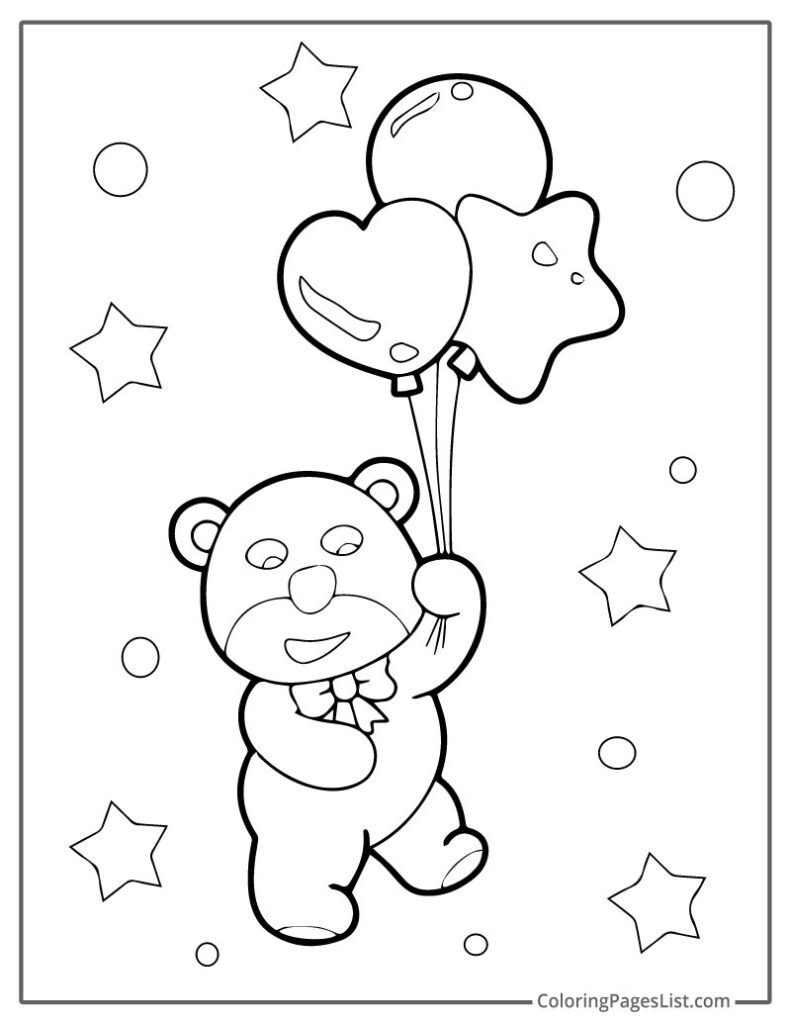 Cute Teddy Bear Holding Bunch Of Balloons With Patterns To Color