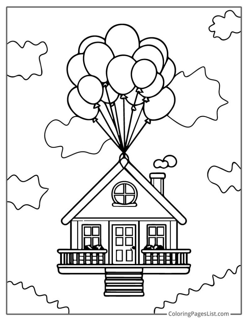 Floating House with Bunch Of Balloons Coloring Page