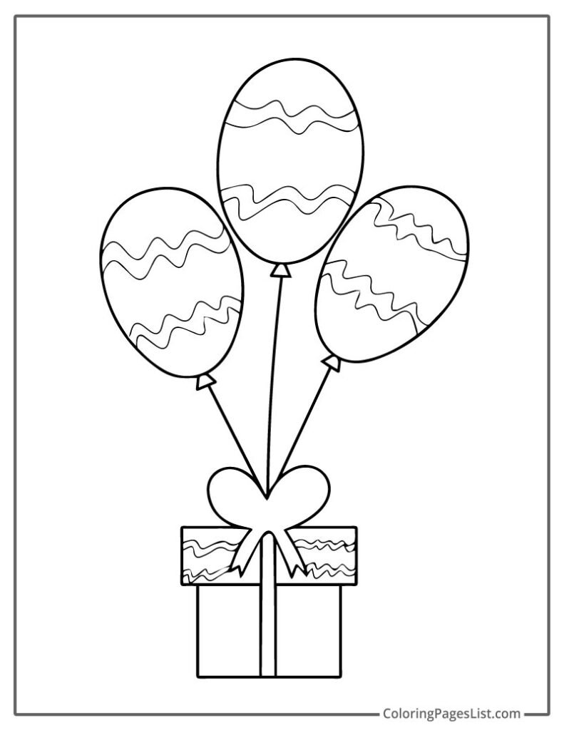 Gift Box Floating With Three Balloons To Color