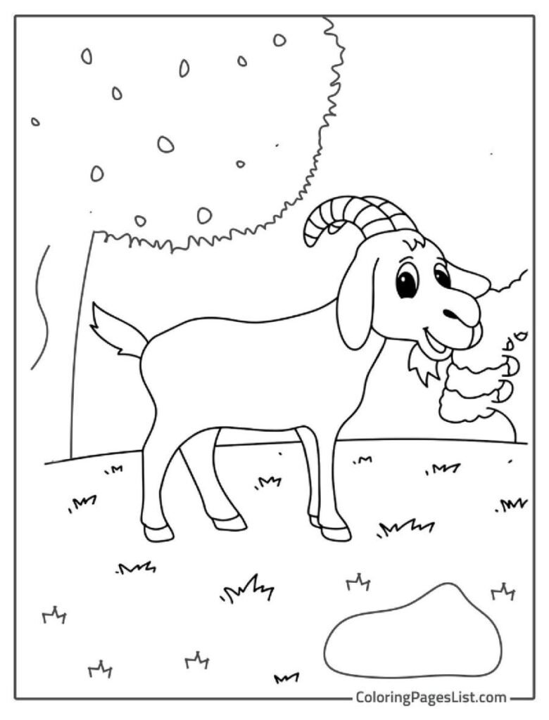 Goat Eating Tree In The Farm And Smiling Coloring Page