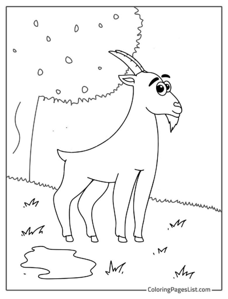 Goat Outside Near The Mud And Tree Looking Coloring Page