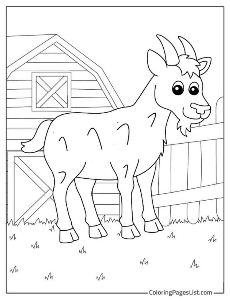 Goat Standing In Front Of The Barn And Fence Coloring Sheet