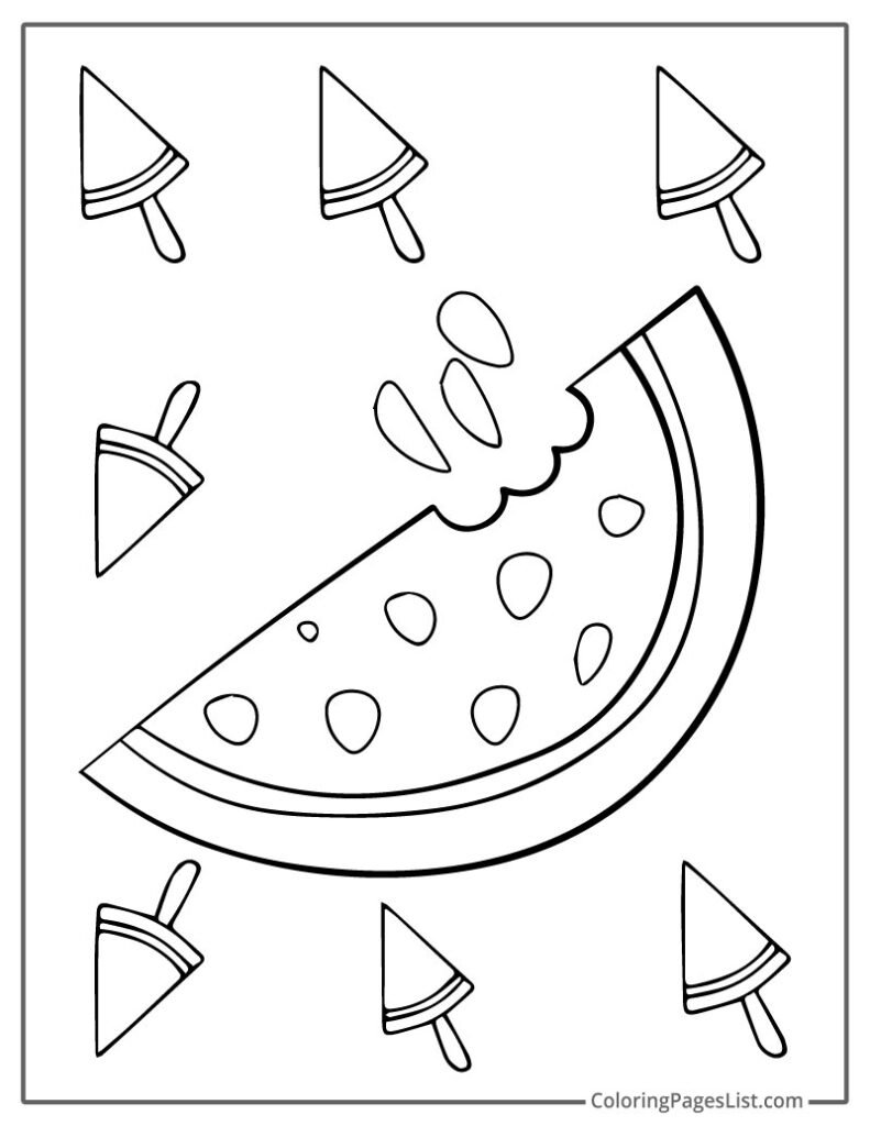 Juicy Eated Bite Of Watermelon With Slices Coloring Page