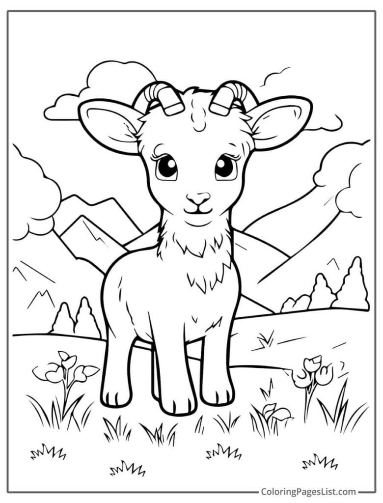 Little Goat Standing Outside Near Mountain Coloring Page