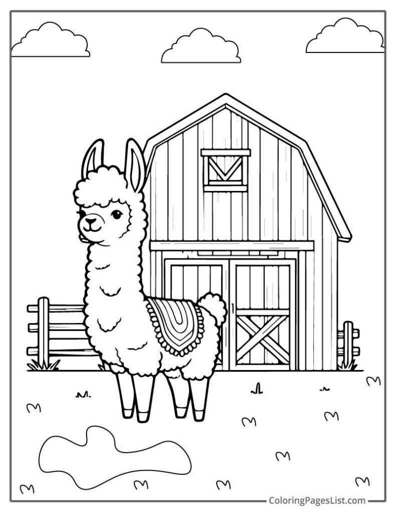 Llama Standing In Front Of Wooden Barn Coloring Page For Preschoolers